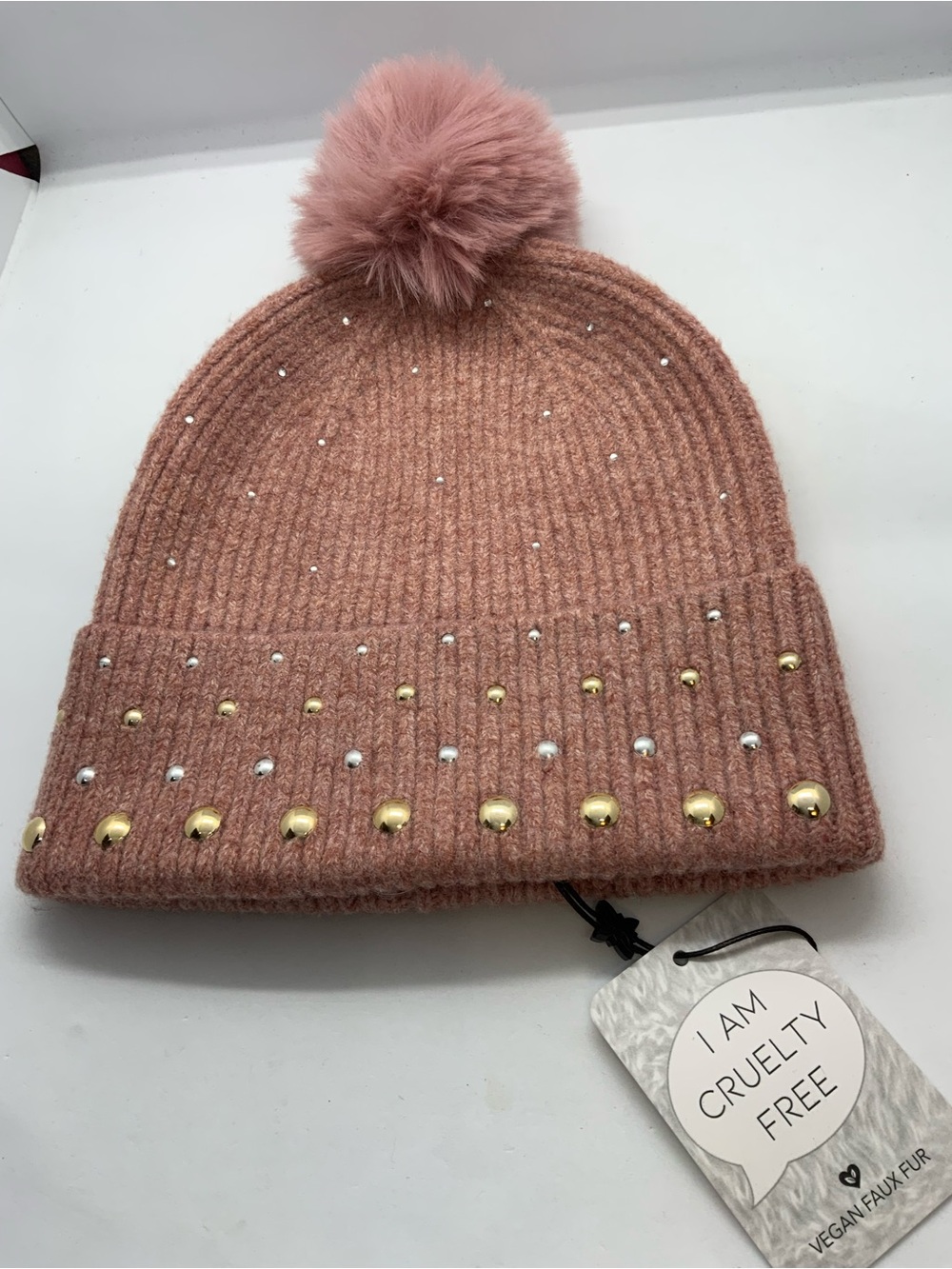 BCBGeneration Pom Pom Beanie Hat with Stud Details - Pink